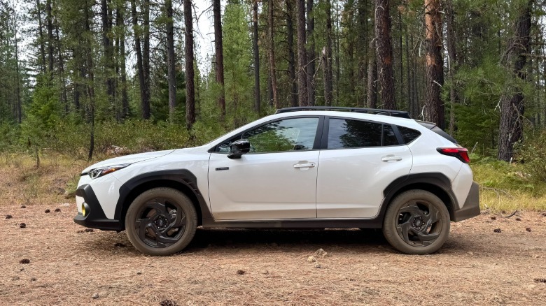 Un coup latéral de l'hybride White Crosstrek garé sur des aiguilles de pin devant un tas d'arbres